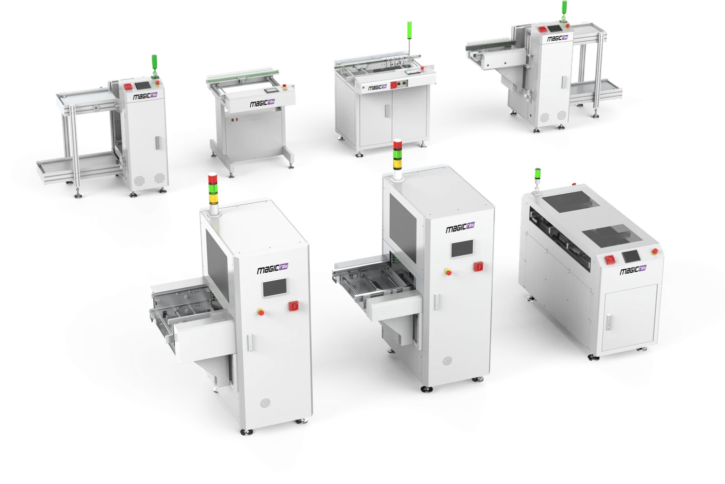 Magic-ray automated transfer equipment — complete board-handling line with loader, conveyor, reject conveyor, buffer, NG buffer, shuttle and unloader